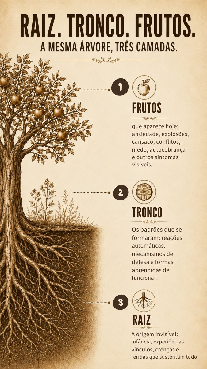 Infográfico: raiz, tronco e frutos de uma mesma árvore — a origem invisível (infância, feridas, crenças), os padrões aprendidos e os sintomas visíveis como ansiedade, cansaço e explosões.