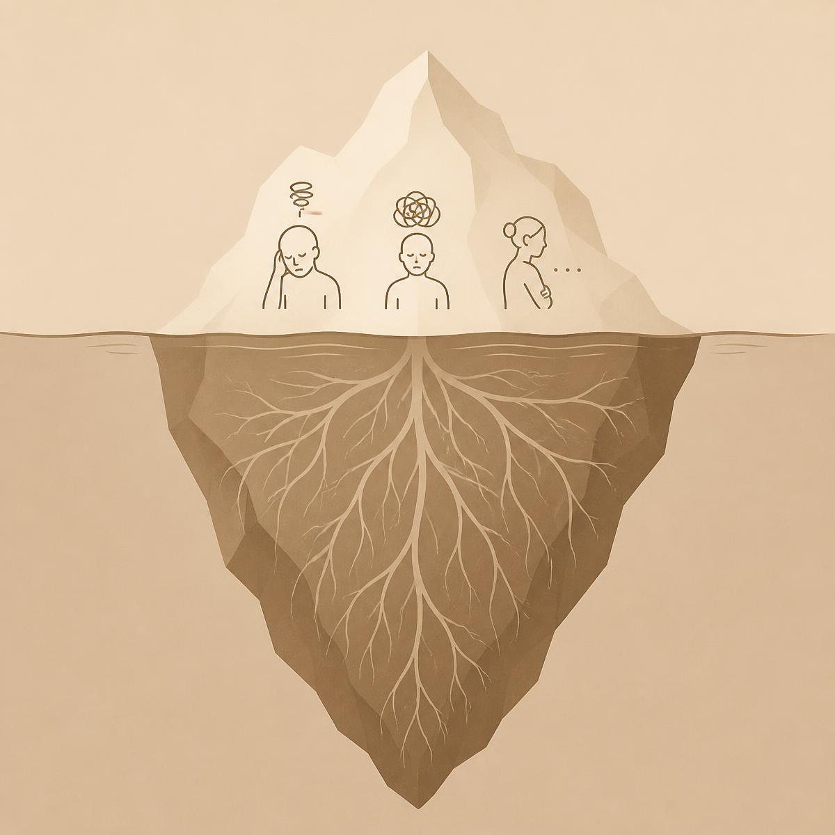 Infográfico de um iceberg: acima da água, sinais visíveis como ansiedade, exaustão e distância emocional; abaixo da água, um extenso sistema de raízes que ninguém vê.